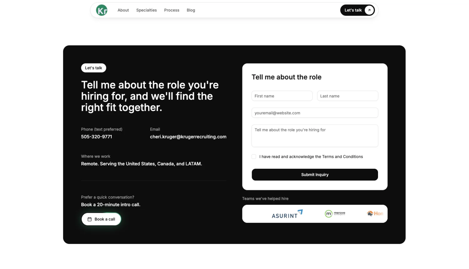 The contact flow: a short "tell me about the role" form, with a text-preferred number and a one-click intro call.