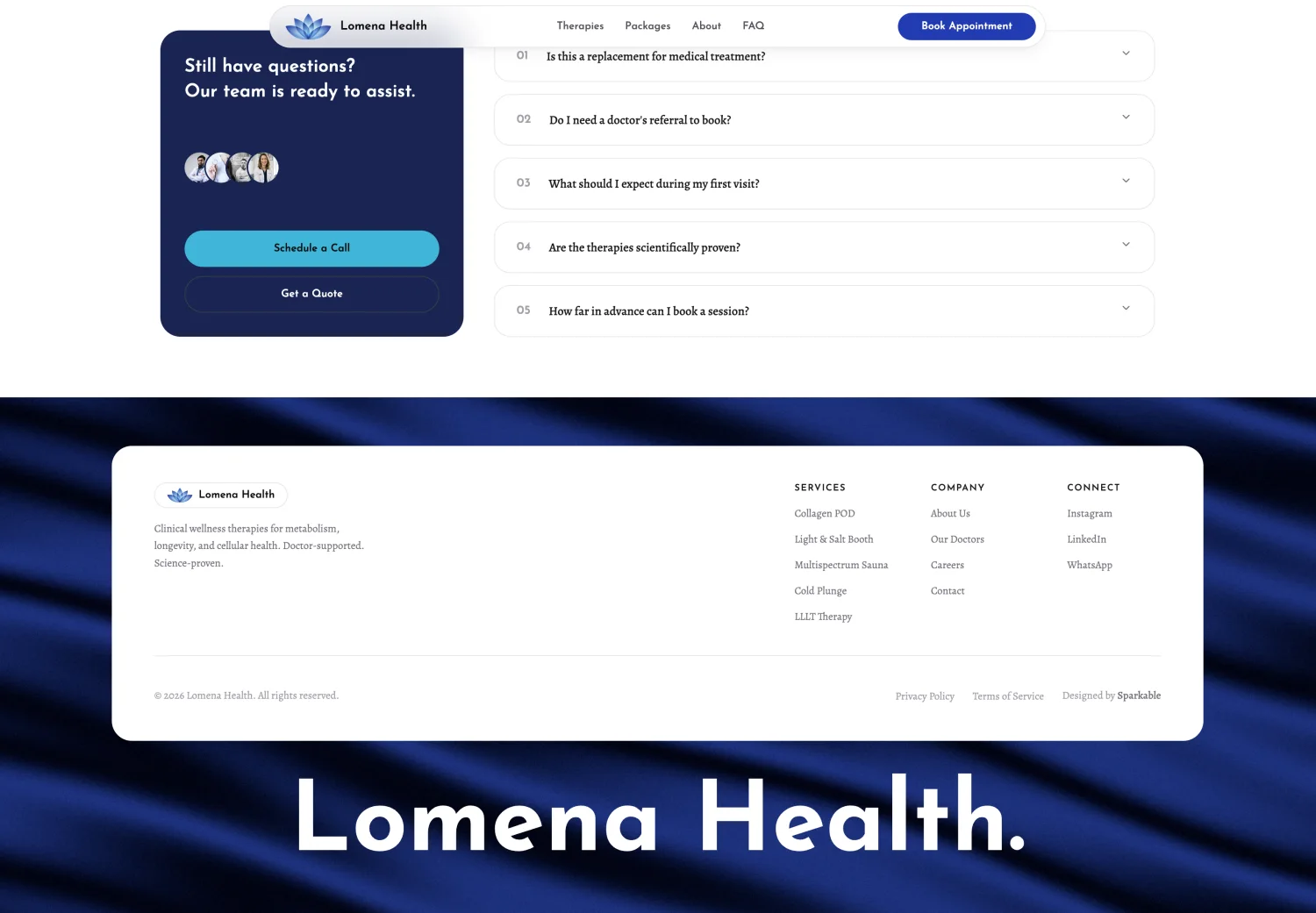The animated footer: the Lomena wordmark resting on a slow field of flowing blue silk.