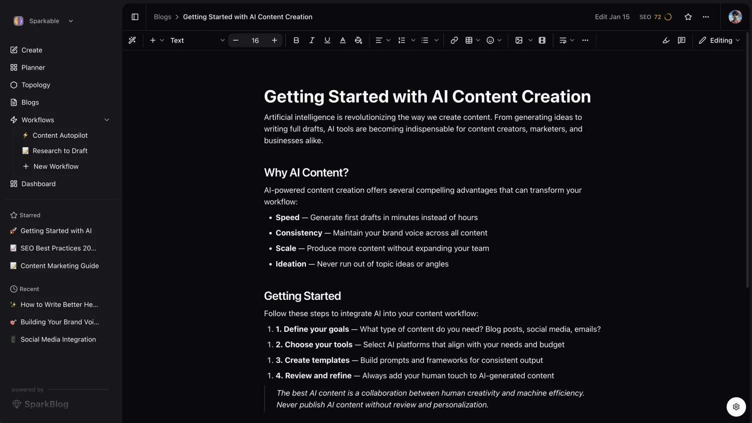 The review editor: rich text, comments, version history, and AI edit commands, built on Plate.