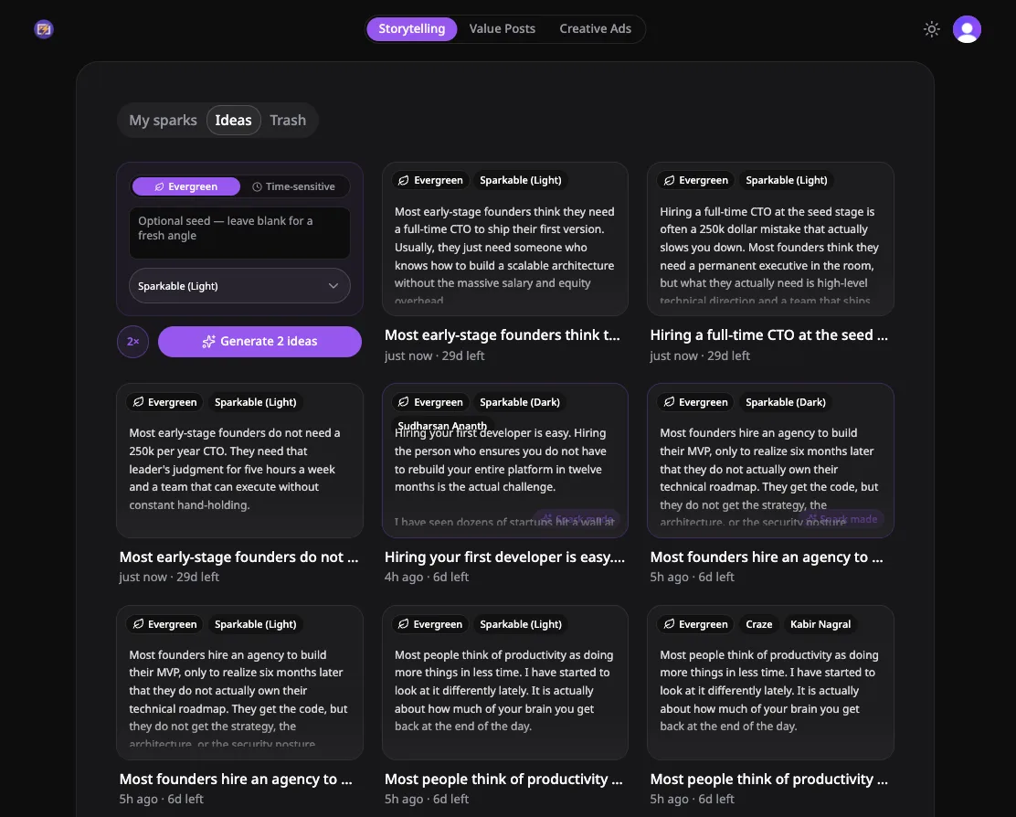 The SparkFrame Ideas tab, generating a batch of post concepts from a single topic