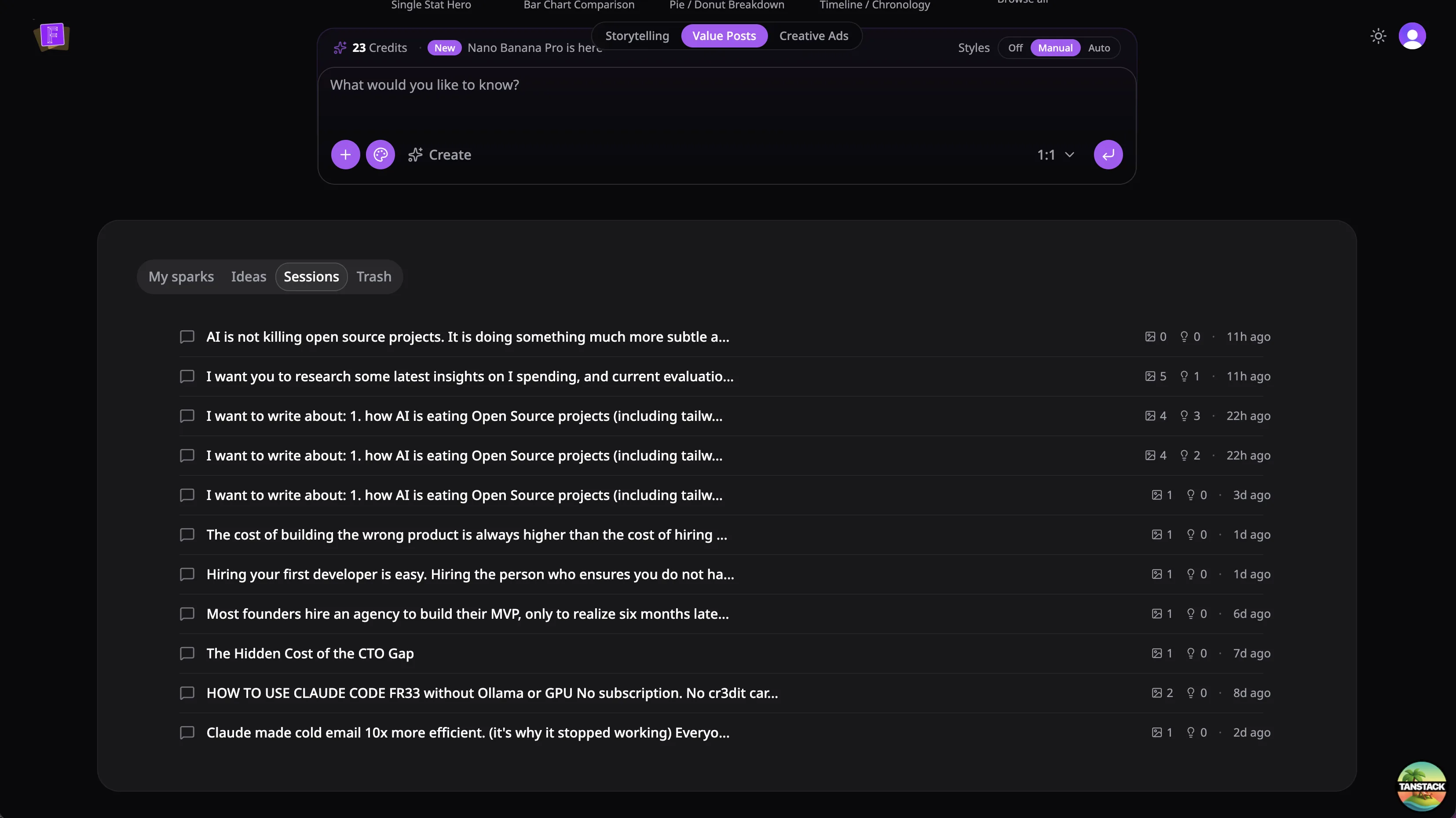 The SparkFrame sessions view, where the agent keeps context across a whole content operation